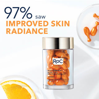 Stylized Image of MULTI CORREXION® Revive + Glow Vitamin C Night Serum Capsules in jar, on a petri dish, and an orange with caption "97% saw improved skin radiance"