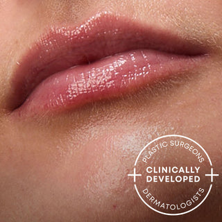 Model photo of lips with caption "plastic surgeons, dermatologists, cilinically developed"