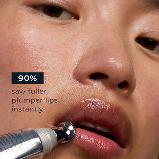 Model photo with lip volumizer near lips and caption "90% saw fuller, plumper lips instantly"