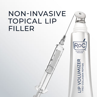 Sylized photo of lip volumizer with syringe and caption "non-invasive topical lip filler"