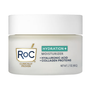 RoC Clinically Proven. Hydration+ Moisturizer: +Hyaluronic Acid + Collagen Proteins. Package Front.