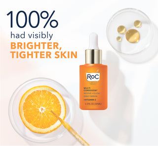 Stylized image of Revive + Glow Daily Serum bottle with a sample of the product in a petri dish and a dropper over an orange with the caption "100% had visibly brighter, tighter skin"