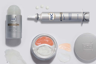 RoC Skincare Derm Correxion Collection Favorites:  Featuring Firming Serum Stick with advanced retinol, Fill + Treat Serum with advanced retinol, and Dual Eye Cream. Coordinating product swatches shown beside each product.