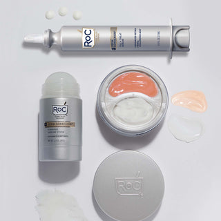 RoC Skincare Derm Correxion Collection Favorites:  Featuring Firming Serum Stick with advanced retinol, Fill + Treat Serum with advanced retinol, and Dual Eye Cream. Coordinating product swatches shown beside each product.