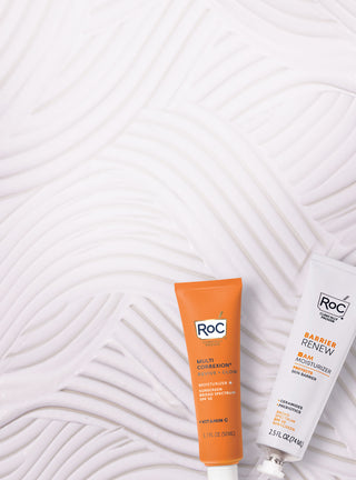 MULTI CORREXION® REVIVE + GLOW MOISTURIZER SPF 30 and BARRIER RENEW® AM MOISTURIZER SPF 30 with a sunscreen textured background. Click here to shop the offer.