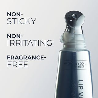 Sylized photo of lip volumizer with caption "non-sticky, non-irritating, fragrance-free"