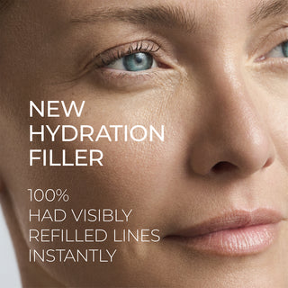 Hydration+ Serum is new hydration filler. It visibly refilled lines instantly 100% of the time. Pictured a person who has used the product.