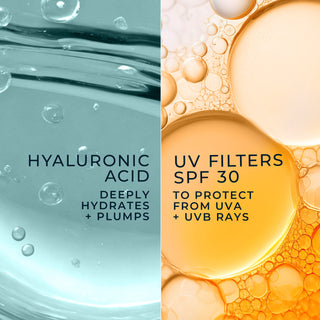 Hyaluronic Acid Deeply Hydrates + Plumps
UV Filters SPF 30 to protect from UVA + UVB Rays