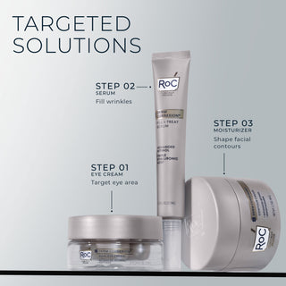 Stylized photo of dual eye serum, fill + treat serum, and contour cream
targets solutions
step 01 eye cream target eye area
step 02 serum fill wrinkles
step 03 moisturizer shape facial contours