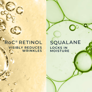 stylized photo of ingredients
roc retinol visibly reduces wrinkles
squalane locks in moisture