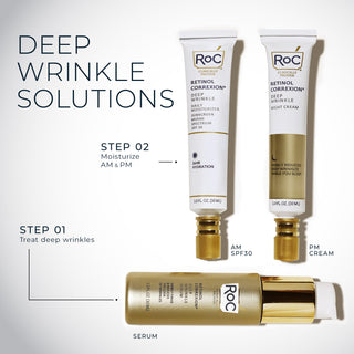 stylized photo of retinol correxion deep wrinkle daily moisturizer, deep wrinkle night cream, and deep wrinkle serum
deep wrinkle solutions
step 01 treats deep wrinkles
step 02 moisturize am & pmp