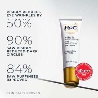 stylized photo of retinol correxion deep wrinkle serum with best of beauty award from allure 2022
visibly reduces eye wrinkles by 50%
90% saw visibly reduced dark circles
84% saw puffiness improved
clinically proven