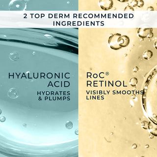 stylized photo of ingredients
2 top derm recommended ingredients
hyaluronic acid hydrates & plumps
roc retinol visibly smooths lines