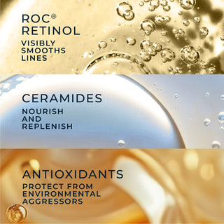 roc retinol visibly smooths lines
ceramides nourish and replenish
antioxidants protect from environmental aggressors