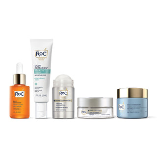 RoC AM & PM Skincare Set: featuring Revive + Glow Daily Serum, Hydrate + Plump Moisturizer SPF 30, Firming Serum Stick, Dual Eye Cream, and Anti-Sagging Firming Cream.